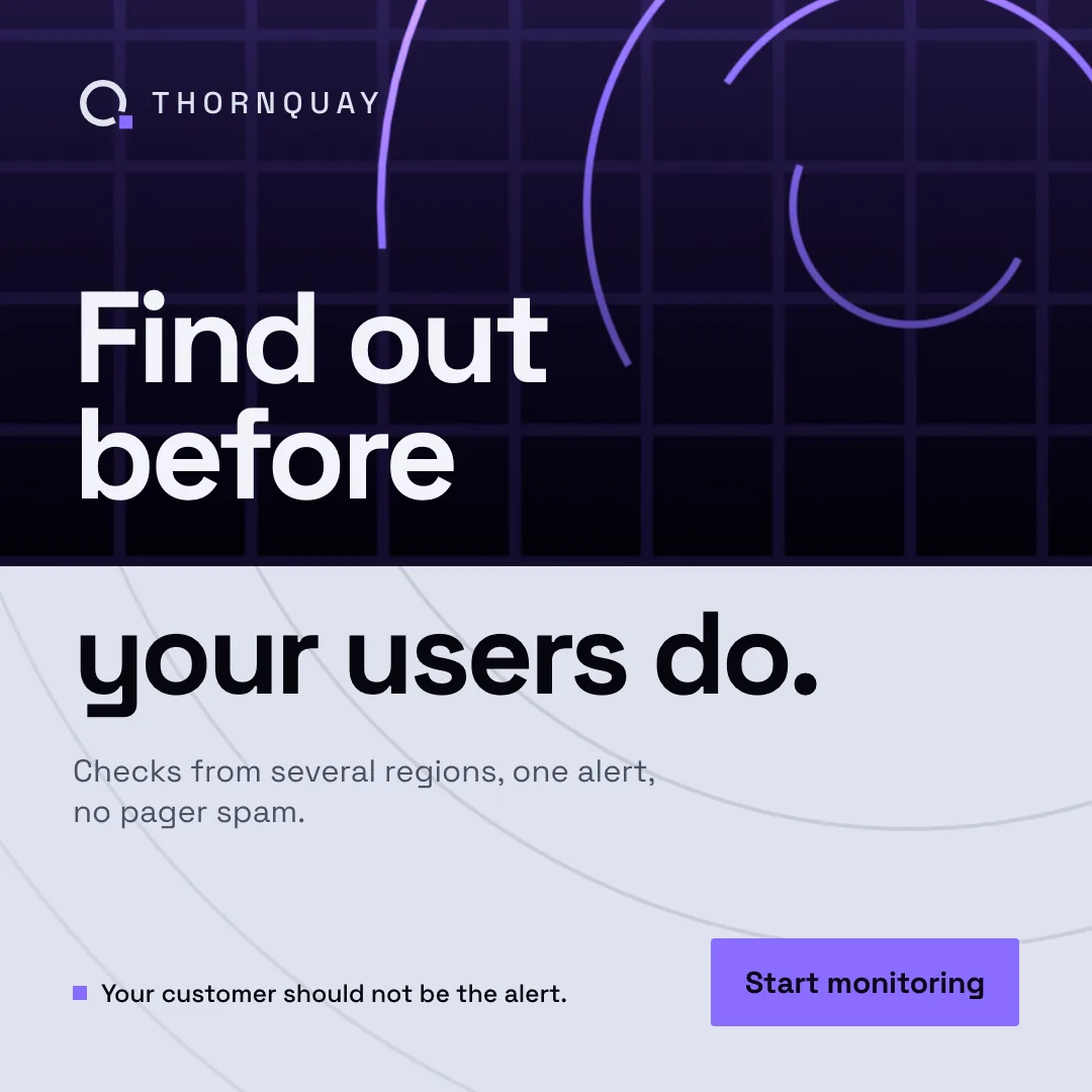 A Thornquay ad with the headline Find out before your users do split across a dark top half and a pale bottom half, with a Start monitoring button.