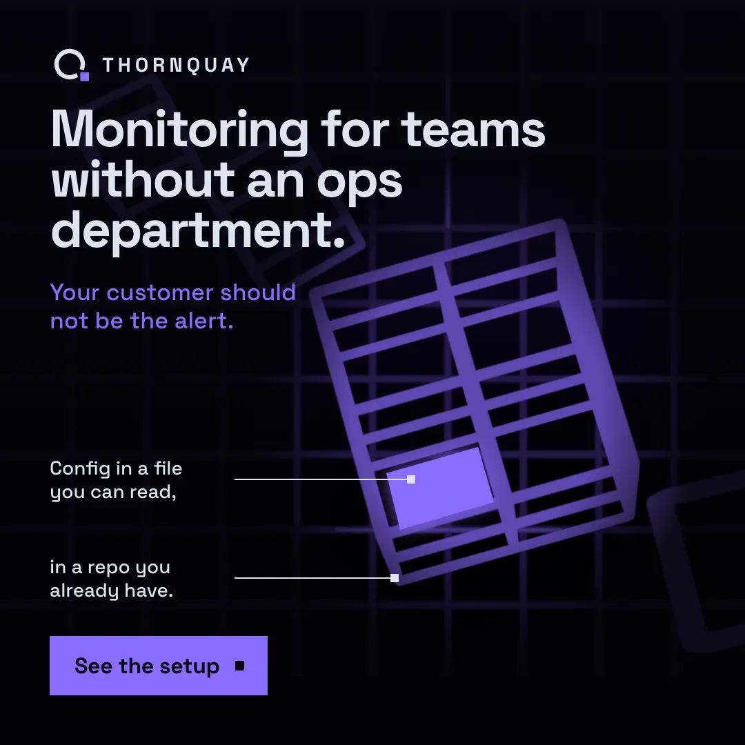 A Thornquay ad with the headline Monitoring for teams without an ops department beside a tilted violet wireframe panel on dark navy.
