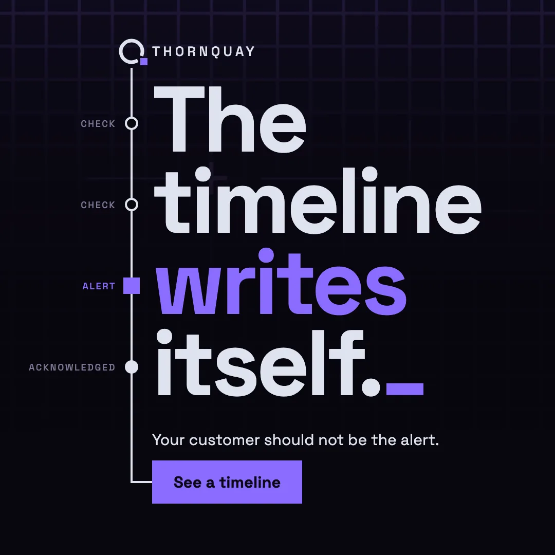 A Thornquay ad with the large headline The timeline writes itself running down a vertical timeline of check and alert marks.
